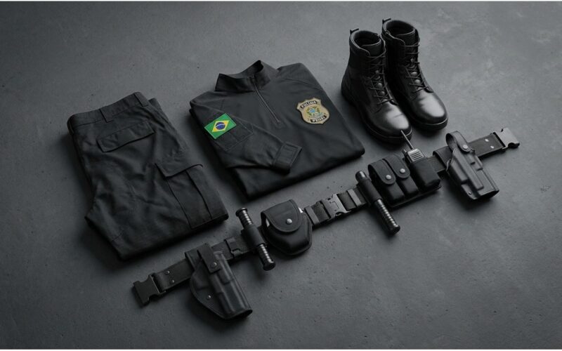 Uniforme tático preto da Polícia Penal organizado sobre superfície neutra