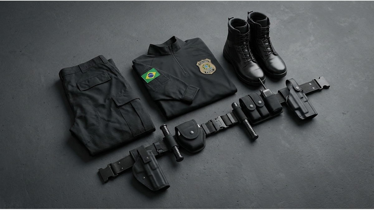 Uniforme tático preto da Polícia Penal organizado sobre superfície neutra